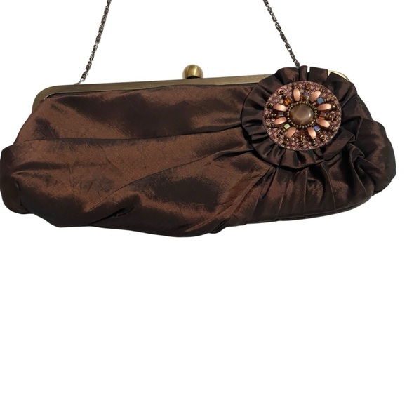 Vintage 60s Brown Lucite Beads Ribbon Flower Fold in Chain Strap Clutch Handbag - Picture 5 of 8